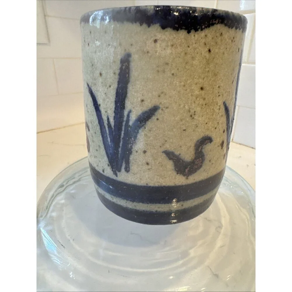 Studio Art Pottery Vase Planter Blue Ban Brown speckles Signed